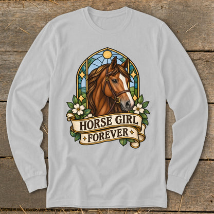 Brown horse head art with "Horse Girl Forever" text on a light grey long-sleeve shirt.