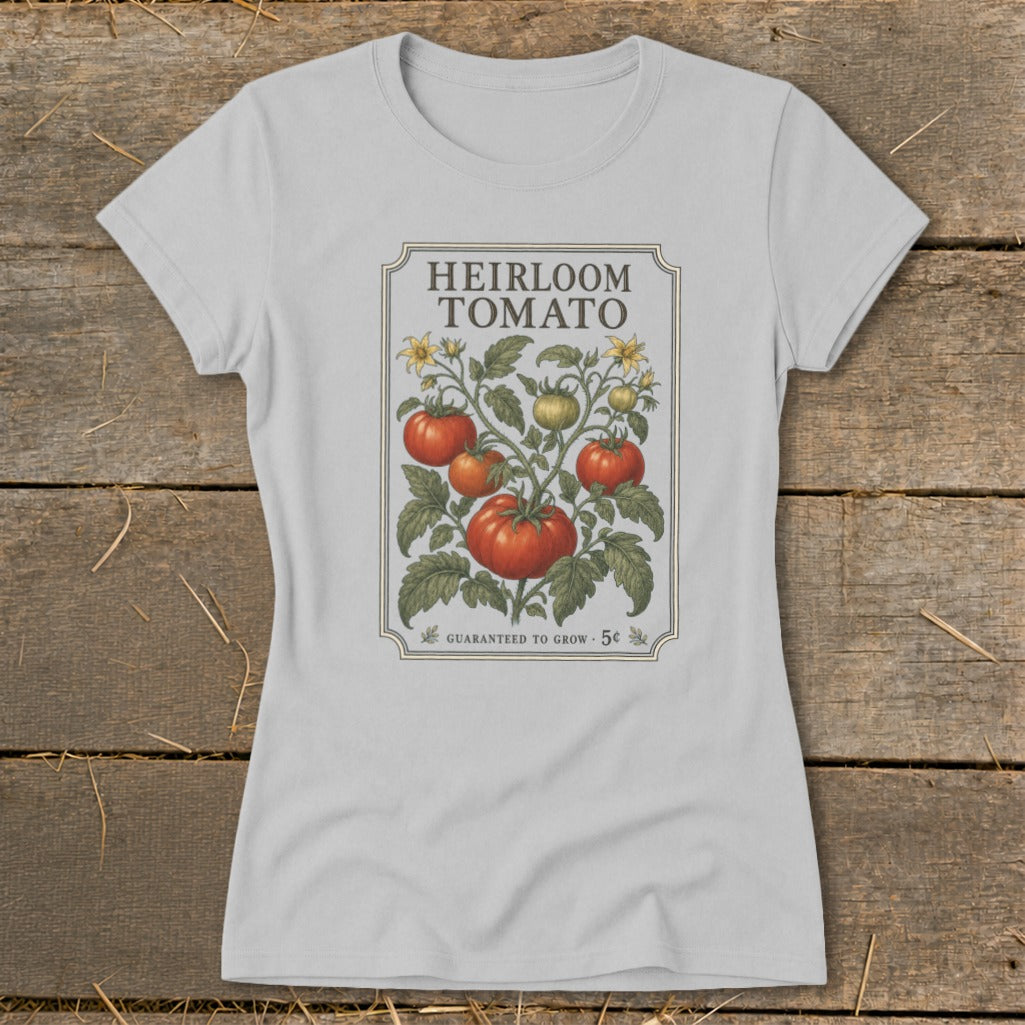 Light grey t-shirt with heirloom tomato seed packet graphic and text.