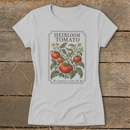 Light grey t-shirt with heirloom tomato seed packet graphic and text.