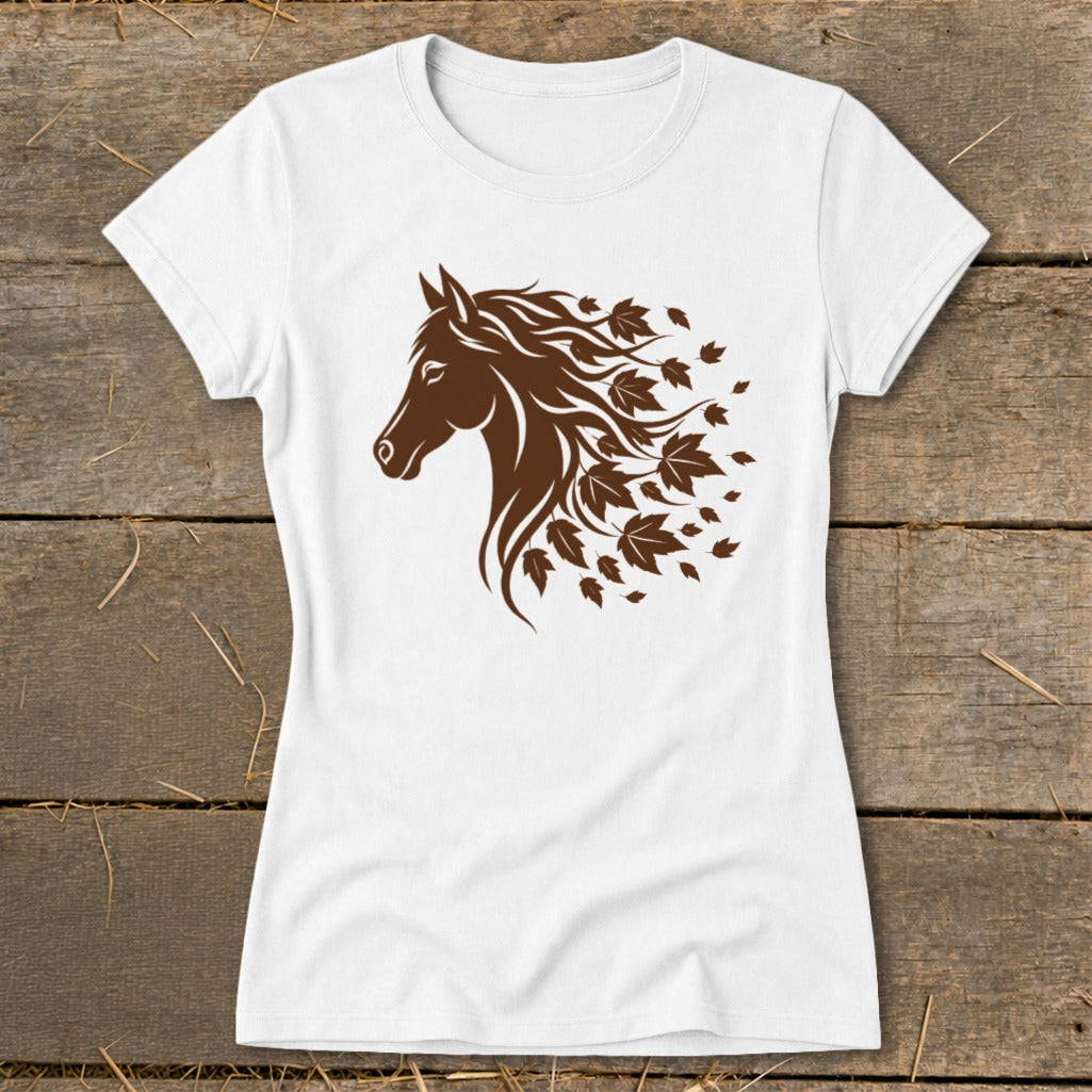 White t-shirt with brown horse head graphic with flowing mane of leaves.