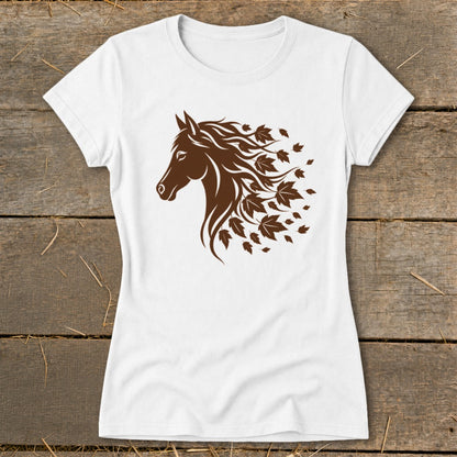 White t-shirt with brown horse head graphic with flowing mane of leaves.