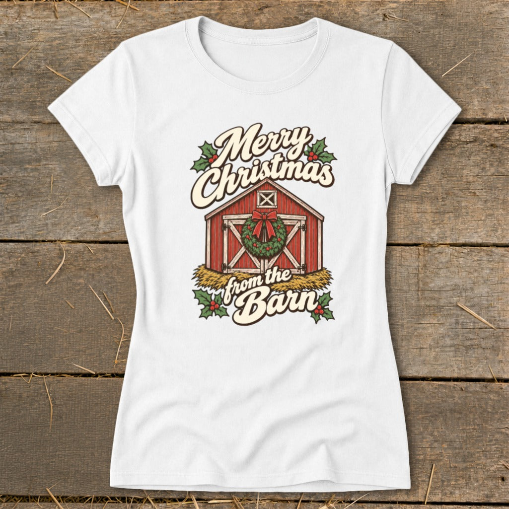 White t-shirt with "Merry Christmas from the Barn" text and a barn graphic.