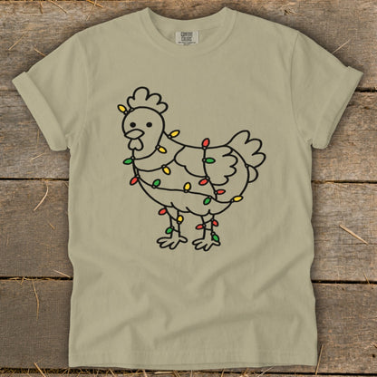 Light-up chicken graphic on a tan t-shirt.