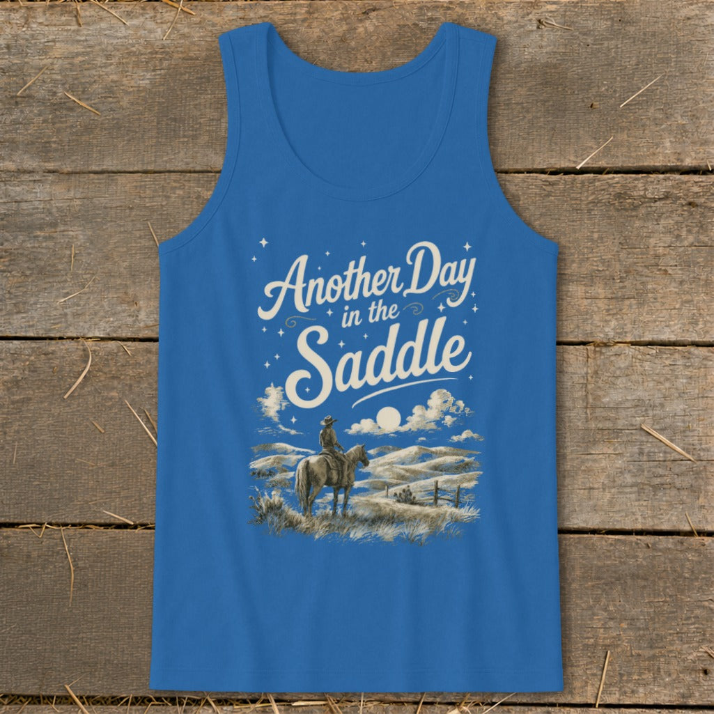 Blue tank top with "Another Day in the Saddle" text and cowboy on horseback graphic.