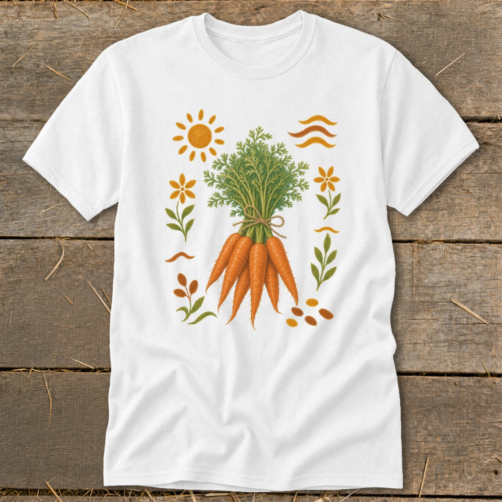 White t-shirt featuring a bunch of carrots with sun, flowers, and leaves graphic.