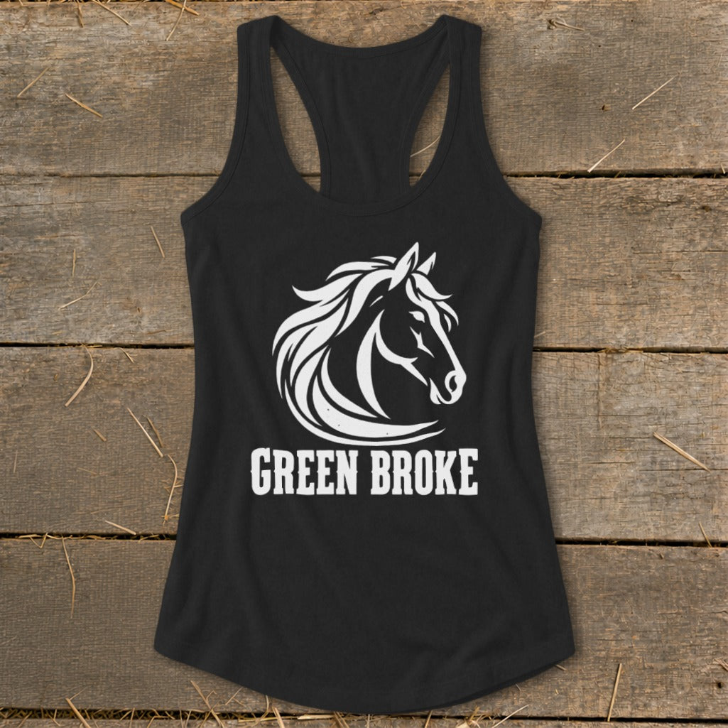 Black racerback tank top featuring a white horse head graphic and the text GREEN BROKE.