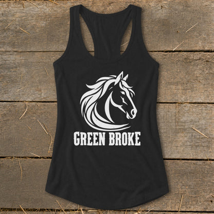 Black racerback tank top featuring a white horse head graphic and the text GREEN BROKE.