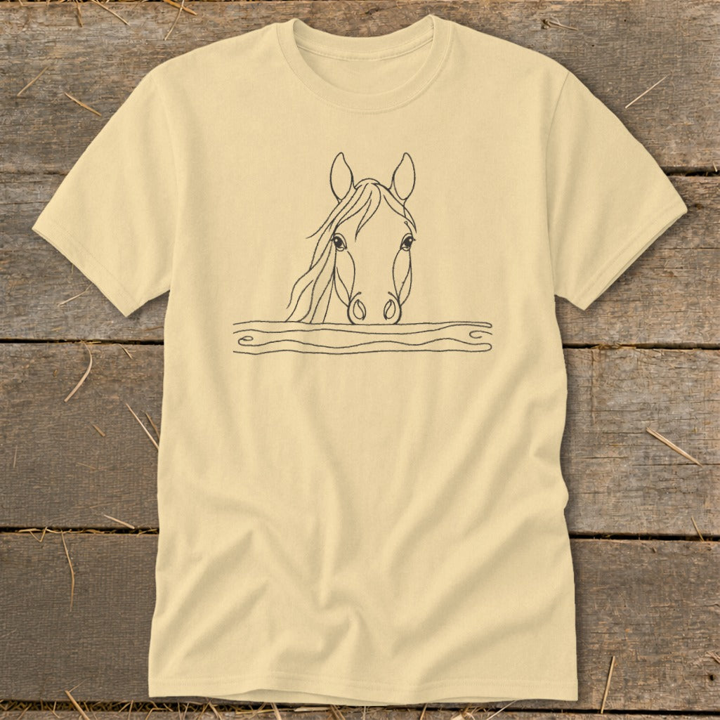 Cream t-shirt with a black line drawing of a horse's head over wavy lines.