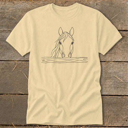 Cream t-shirt with a black line drawing of a horse's head over wavy lines.