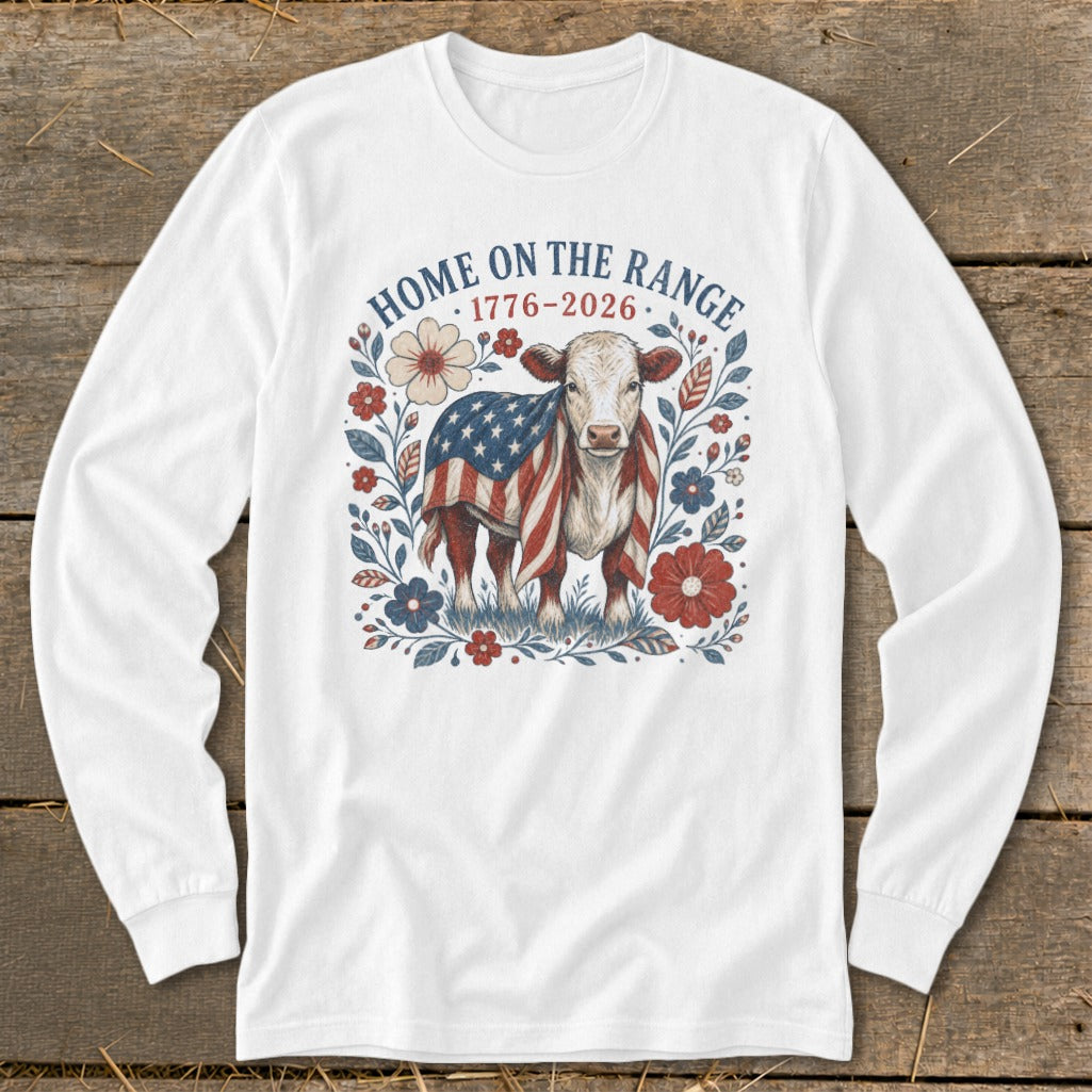 Cow wearing American flag with text "Home on the Range 1776-2026" and floral border.