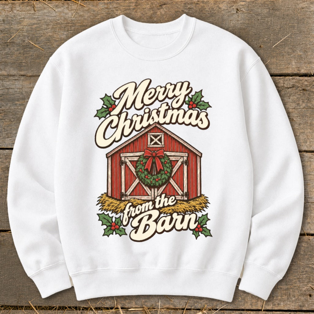 White sweatshirt with "Merry Christmas from the Barn" graphic featuring a red barn.