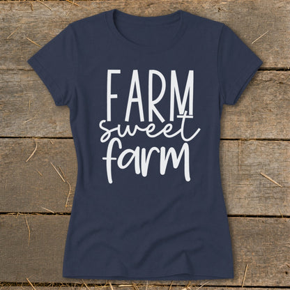 Navy t-shirt with white text that reads "FARM sweet farm."