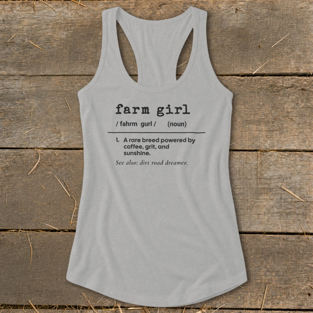 Grey tank top with "farm girl" dictionary definition and related terms.