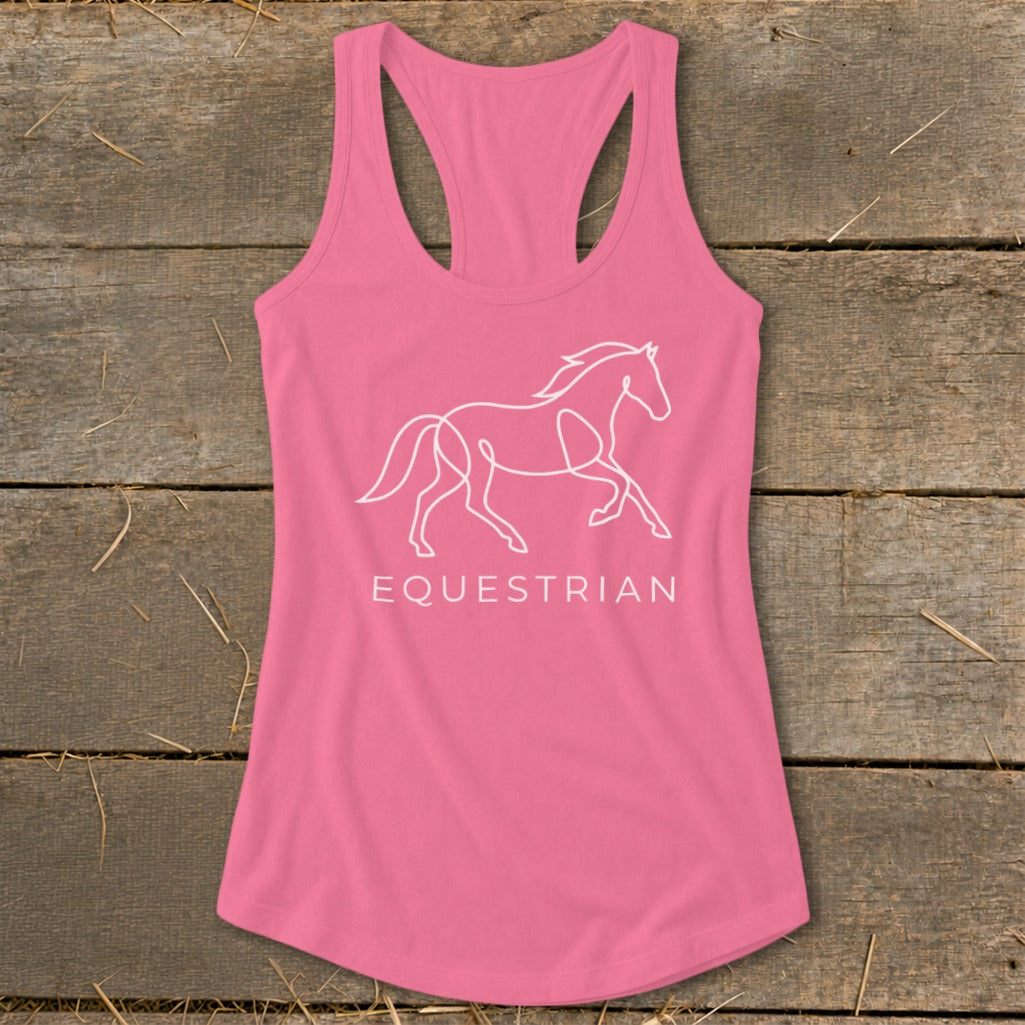 Pink tank top with white equestrian horse outline and text.