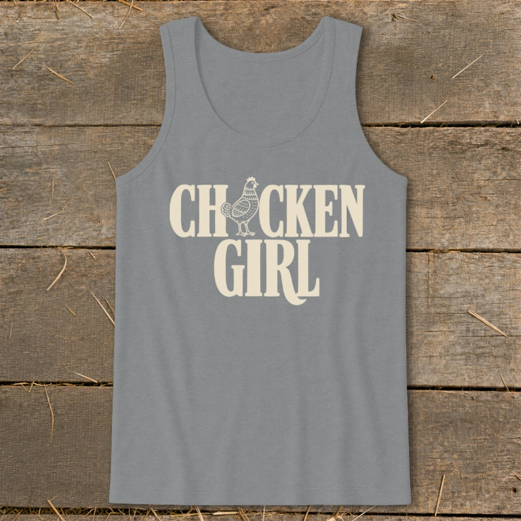 Tank top with "CHICKEN GIRL" text and a chicken graphic.