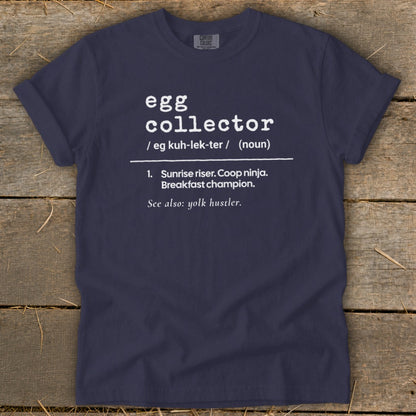 Navy t-shirt with "egg collector" definition, including pronunciation and description.
