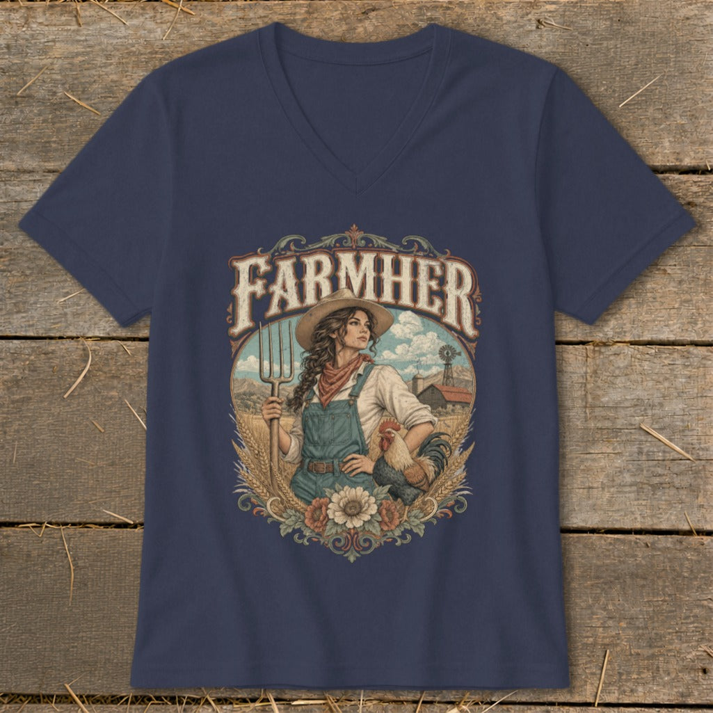 Farmer graphic with woman, rooster, farm scene, and text "FARMHER".