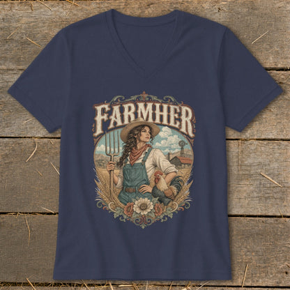 Farmer graphic with woman, rooster, farm scene, and text "FARMHER".