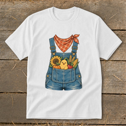 White t-shirt with illustration of overalls pocket filled with fall harvest and chick.