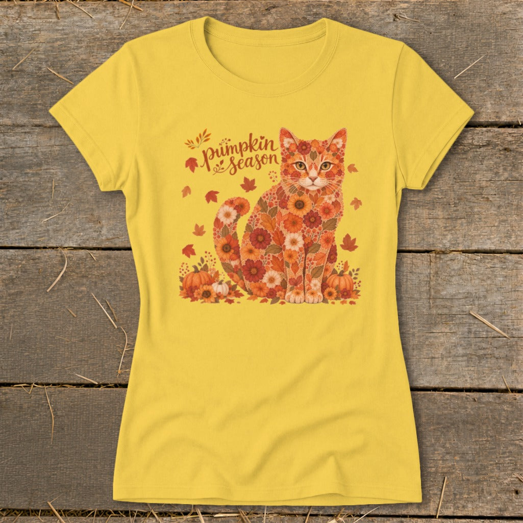 Yellow t-shirt with a cat made of autumn flowers and leaves.