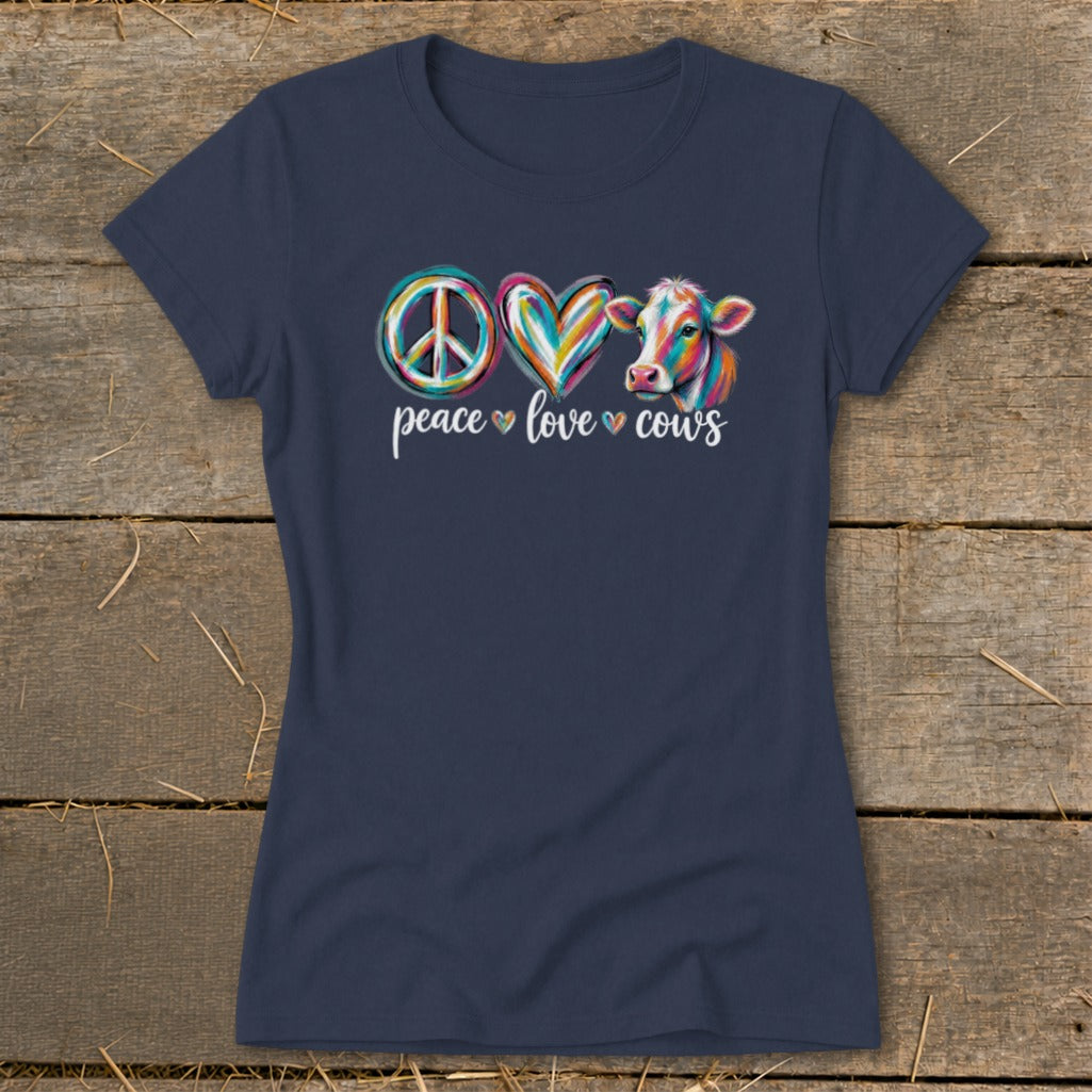 Navy t-shirt with "Peace Love Cows" graphic featuring a peace sign, heart, and colorful cow.