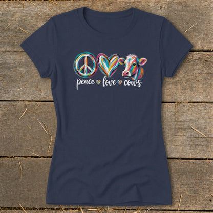Navy t-shirt with "Peace Love Cows" graphic featuring a peace sign, heart, and colorful cow.