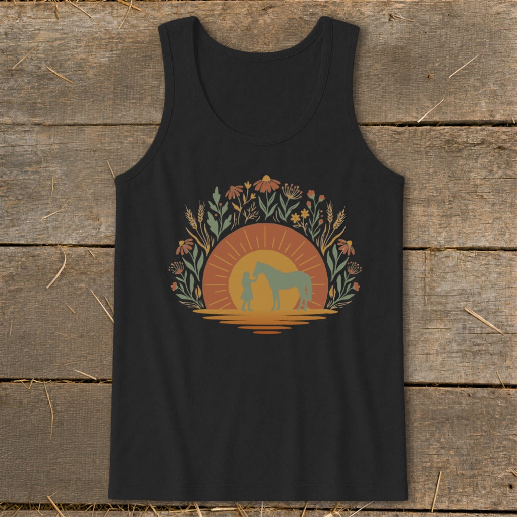 Tank top with a girl and horse silhouette against a floral sun graphic.