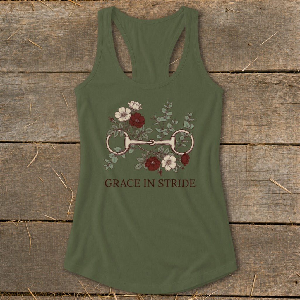 Olive green tank top with floral horse bit graphic and text "GRACE IN STRIDE".