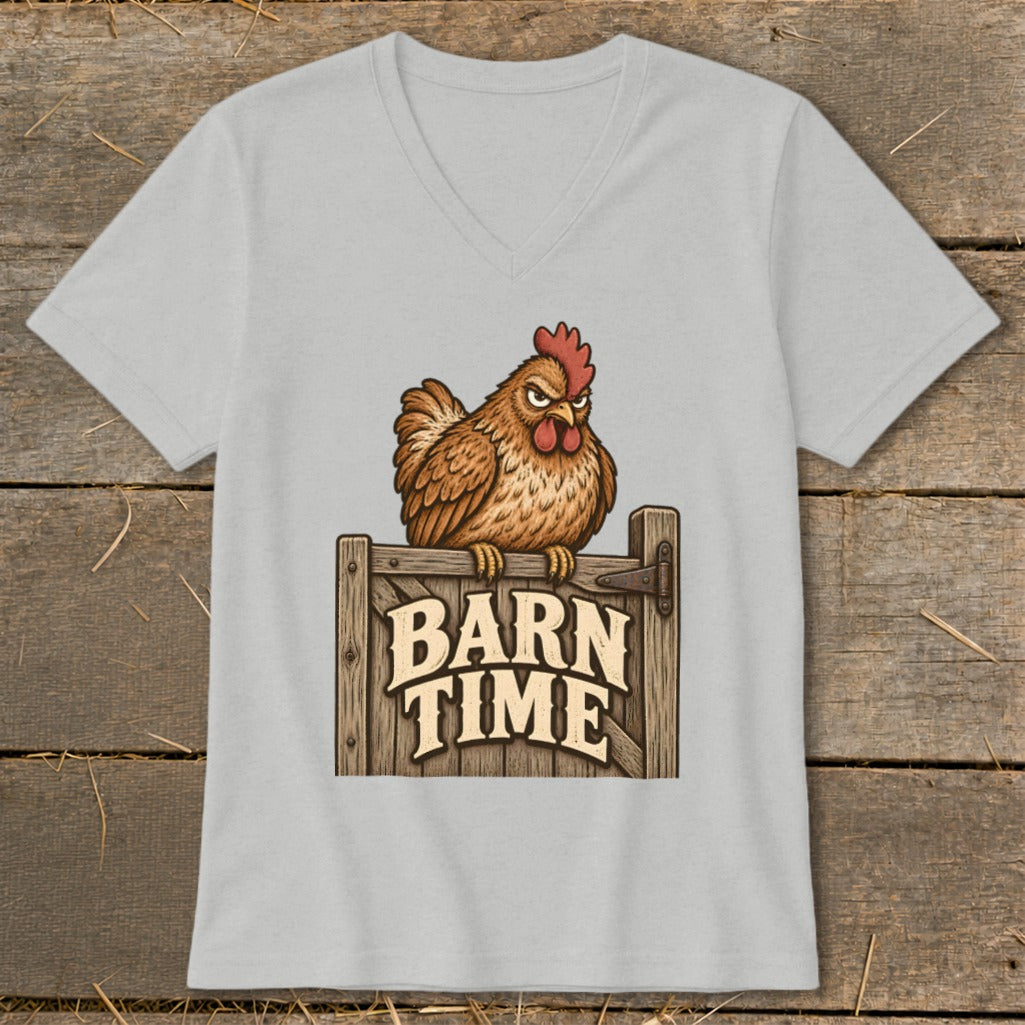 Grumpy chicken perched on a wooden gate with "Barn Time" text.