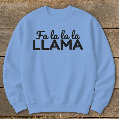 Light blue crewneck sweatshirt with "Fa la la la LLAMA" text in black.