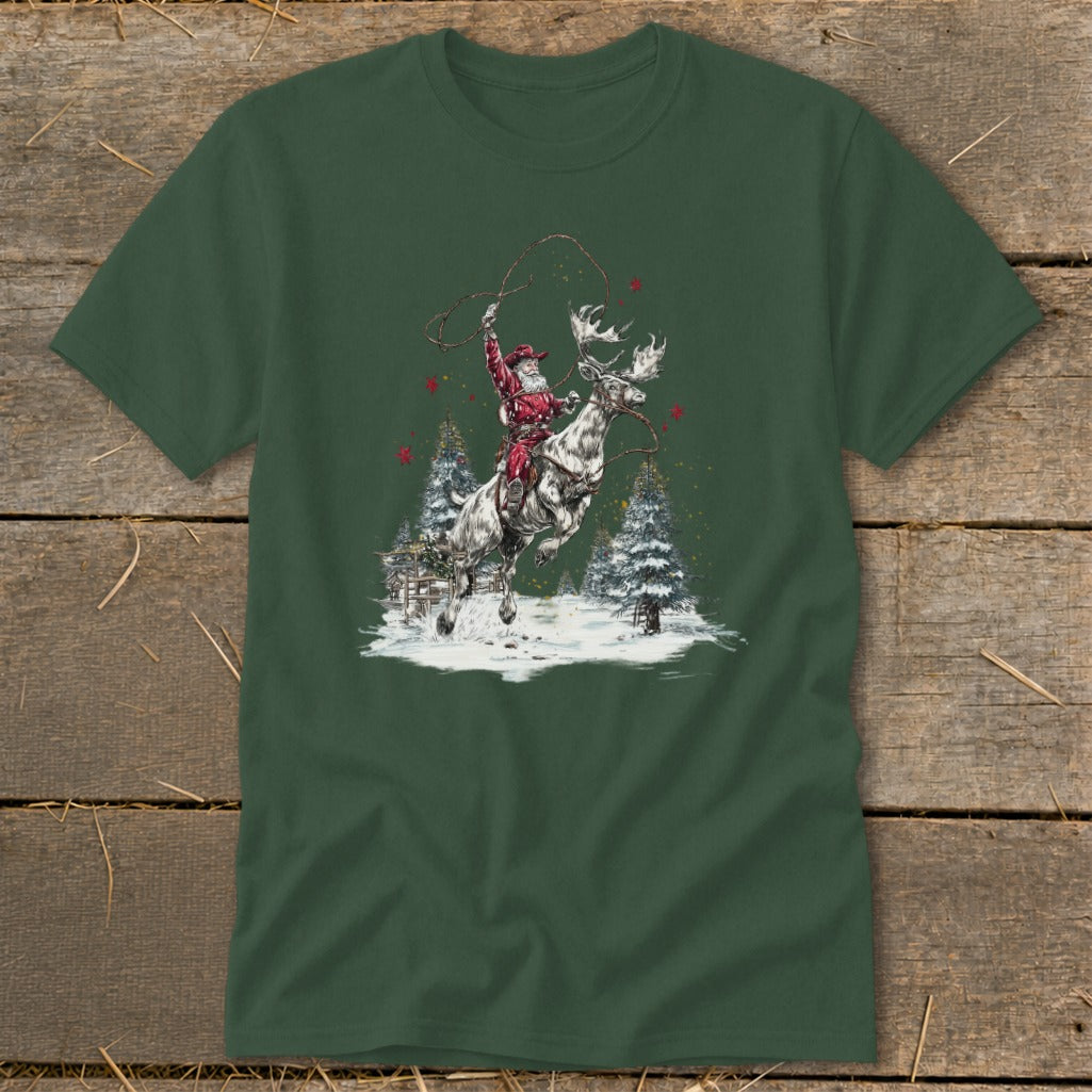 Santa riding a reindeer and holding a lasso in a snowy forest scene.