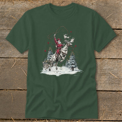 Santa riding a reindeer and holding a lasso in a snowy forest scene.