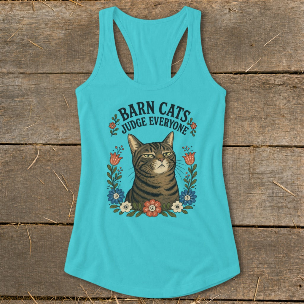 Teal tank top with tabby cat and text "Barn Cats Judge Everyone" surrounded by flowers.