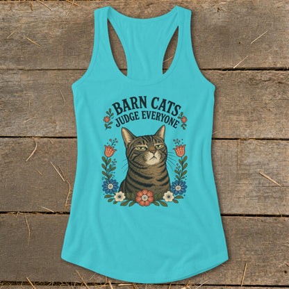 Teal tank top with tabby cat and text "Barn Cats Judge Everyone" surrounded by flowers.