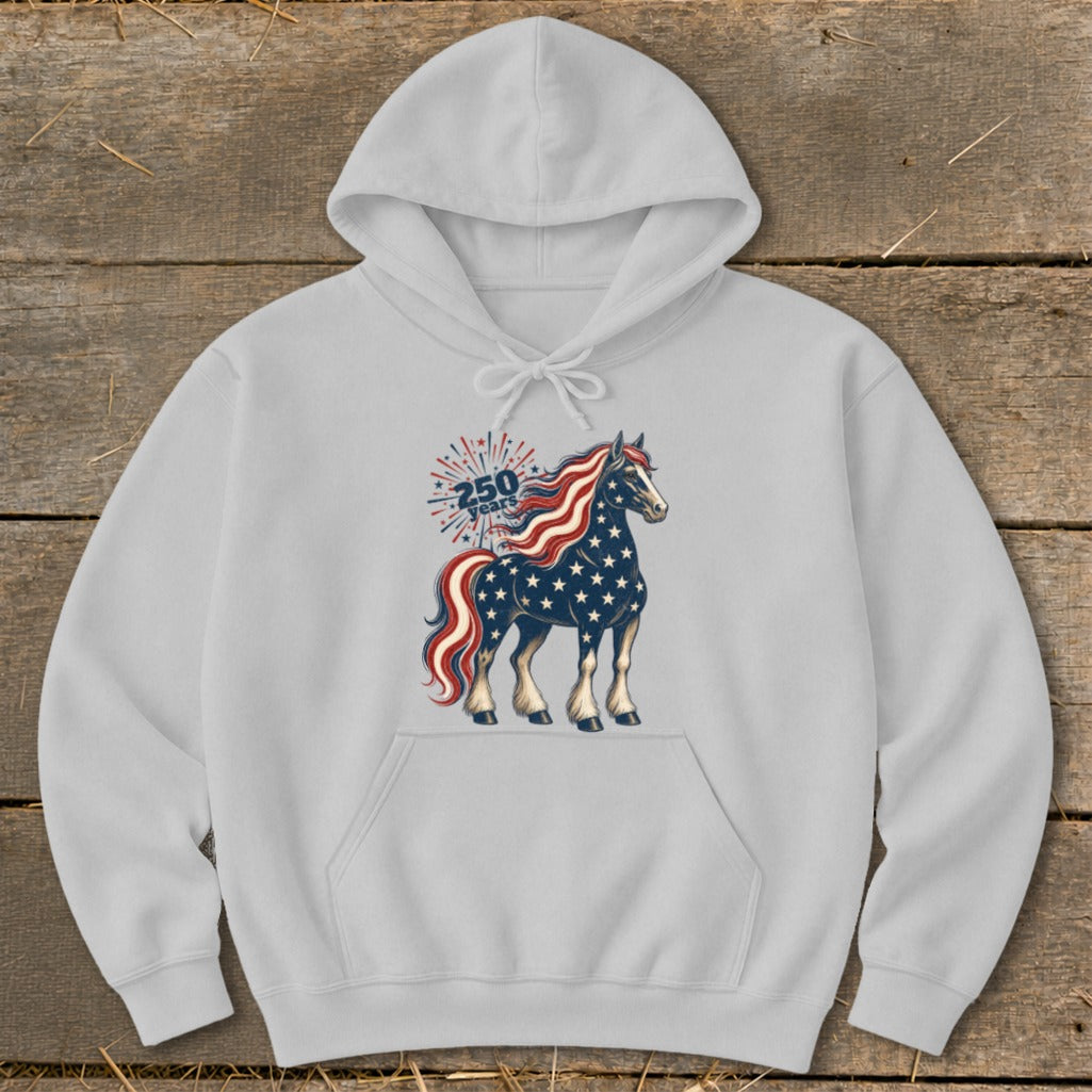 Gray hoodie featuring a patriotic horse with stars and stripes and "250 years" text.