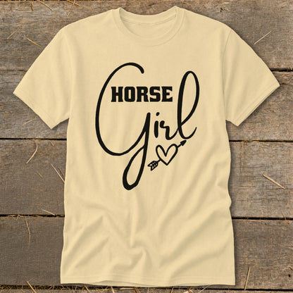Light yellow t-shirt with black "HORSE Girl" text and heart design.