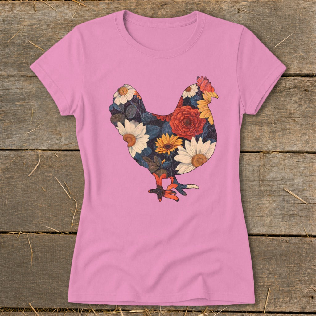Pink t-shirt with a chicken graphic filled with a floral pattern.