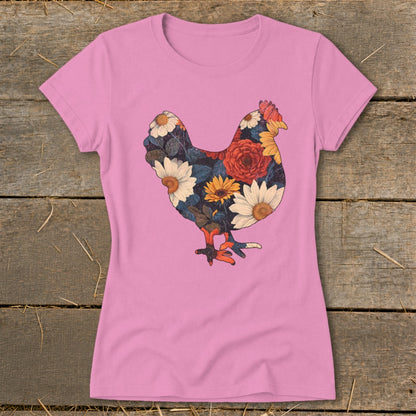 Pink t-shirt with a chicken graphic filled with a floral pattern.