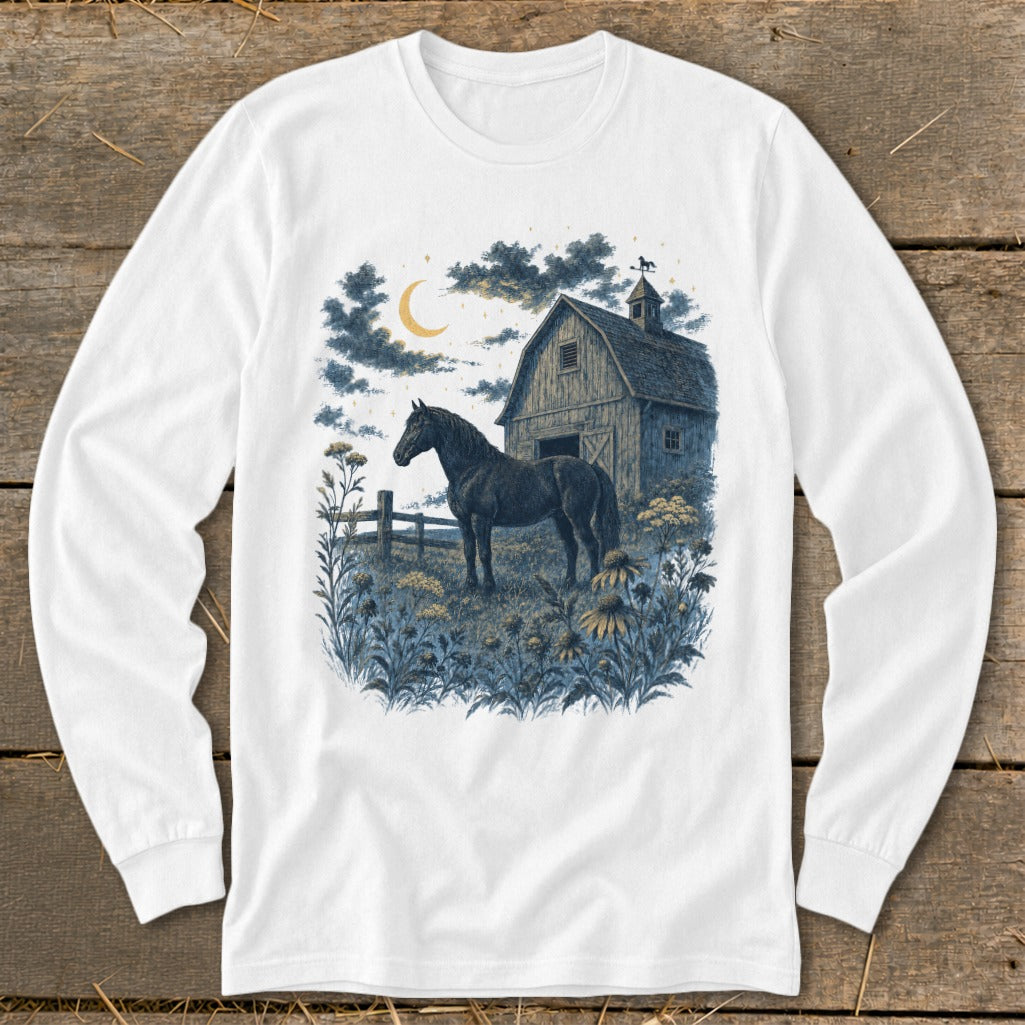 Black horse in a field with a barn, moon, and clouds illustration.