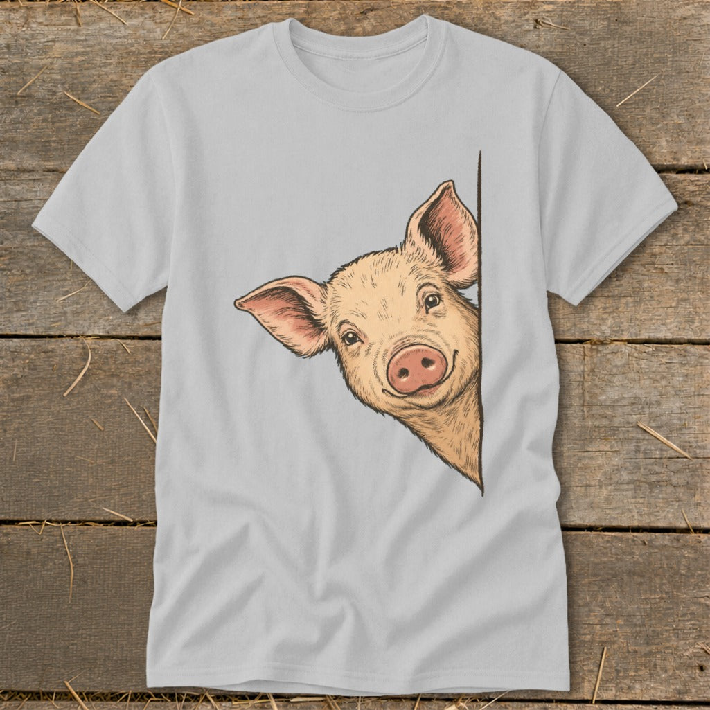 Light grey t-shirt with a smiling pig peeking from the side.