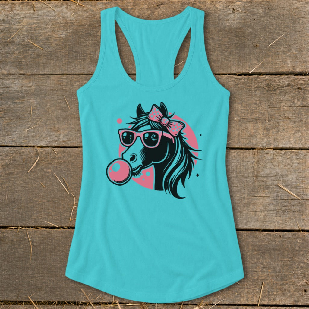 Turquoise tank top with a graphic of a horse wearing sunglasses and blowing bubblegum.