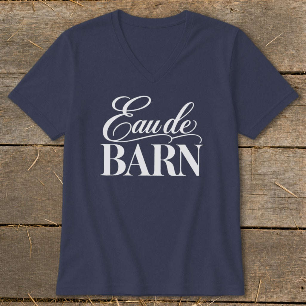Navy v-neck t-shirt with white text "Eau de BARN"