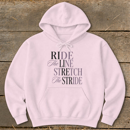 Light pink hoodie with text "RIDE The LINE STRETCH The STRIDE".