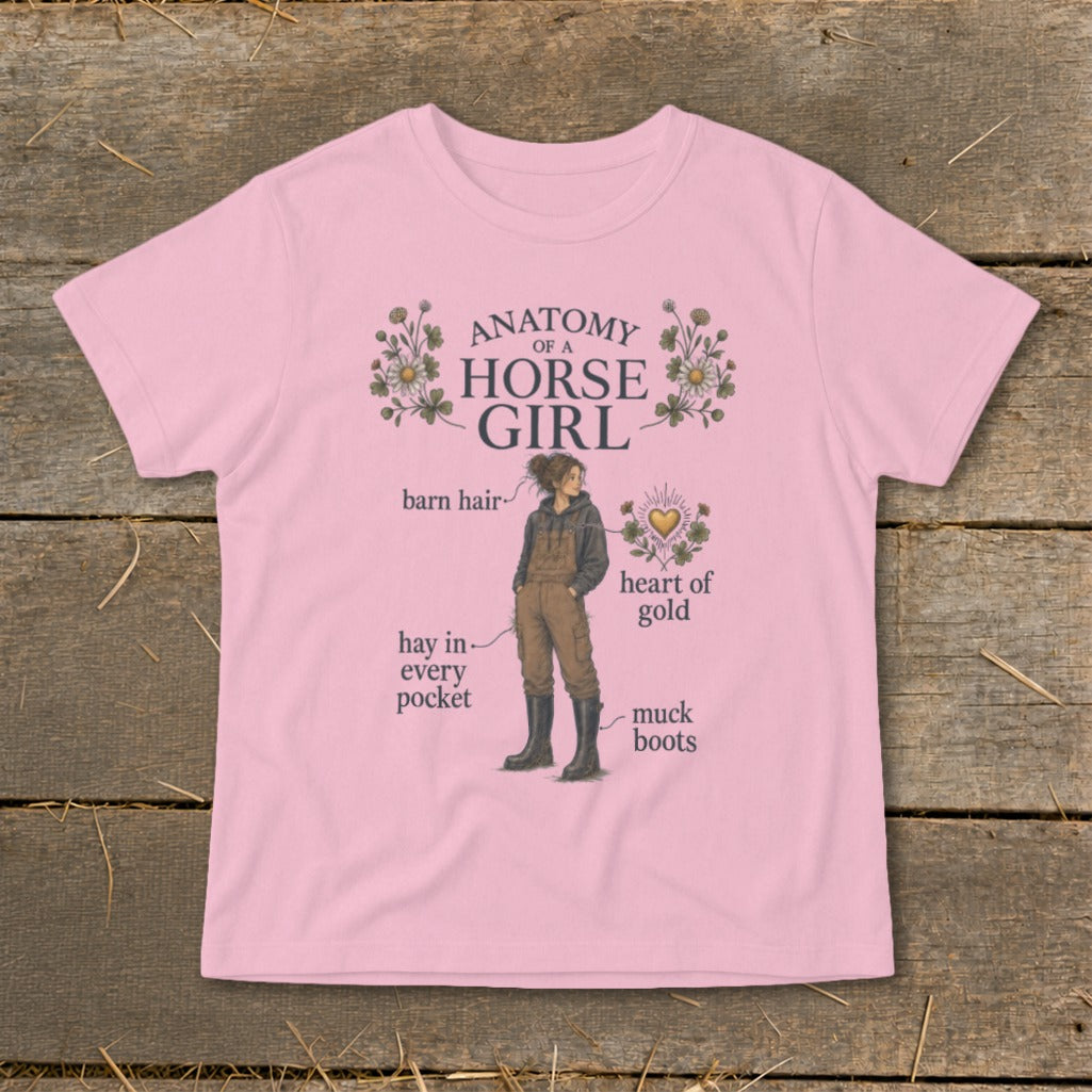 Pink t-shirt with "Anatomy of a Horse Girl" graphic and descriptive labels.