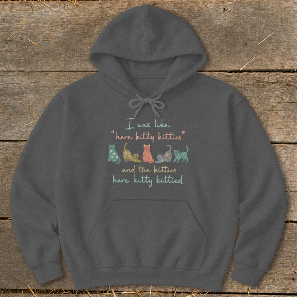 Gray hoodie with text "I was like 'here kitty kitties' and the kitties here kitty kittied" and cartoon cats.