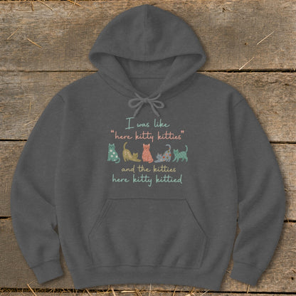 Gray hoodie with text "I was like 'here kitty kitties' and the kitties here kitty kittied" and cartoon cats.
