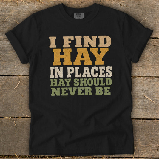 Black t-shirt with text: "I FIND HAY IN PLACES HAY SHOULD NEVER BE."