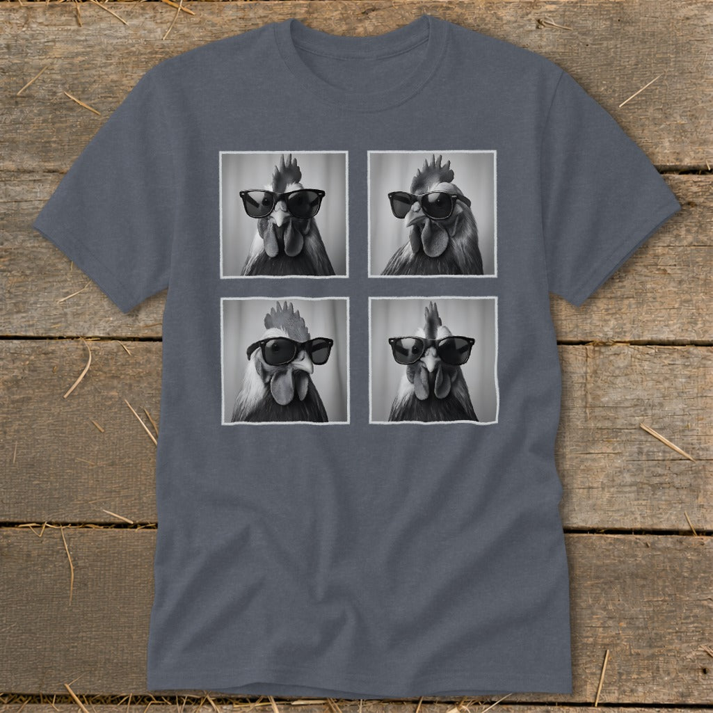 T-shirt with four black and white images of chickens wearing sunglasses.