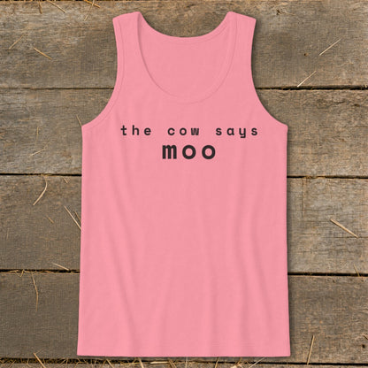 Pink tank top with "the cow says moo" text.