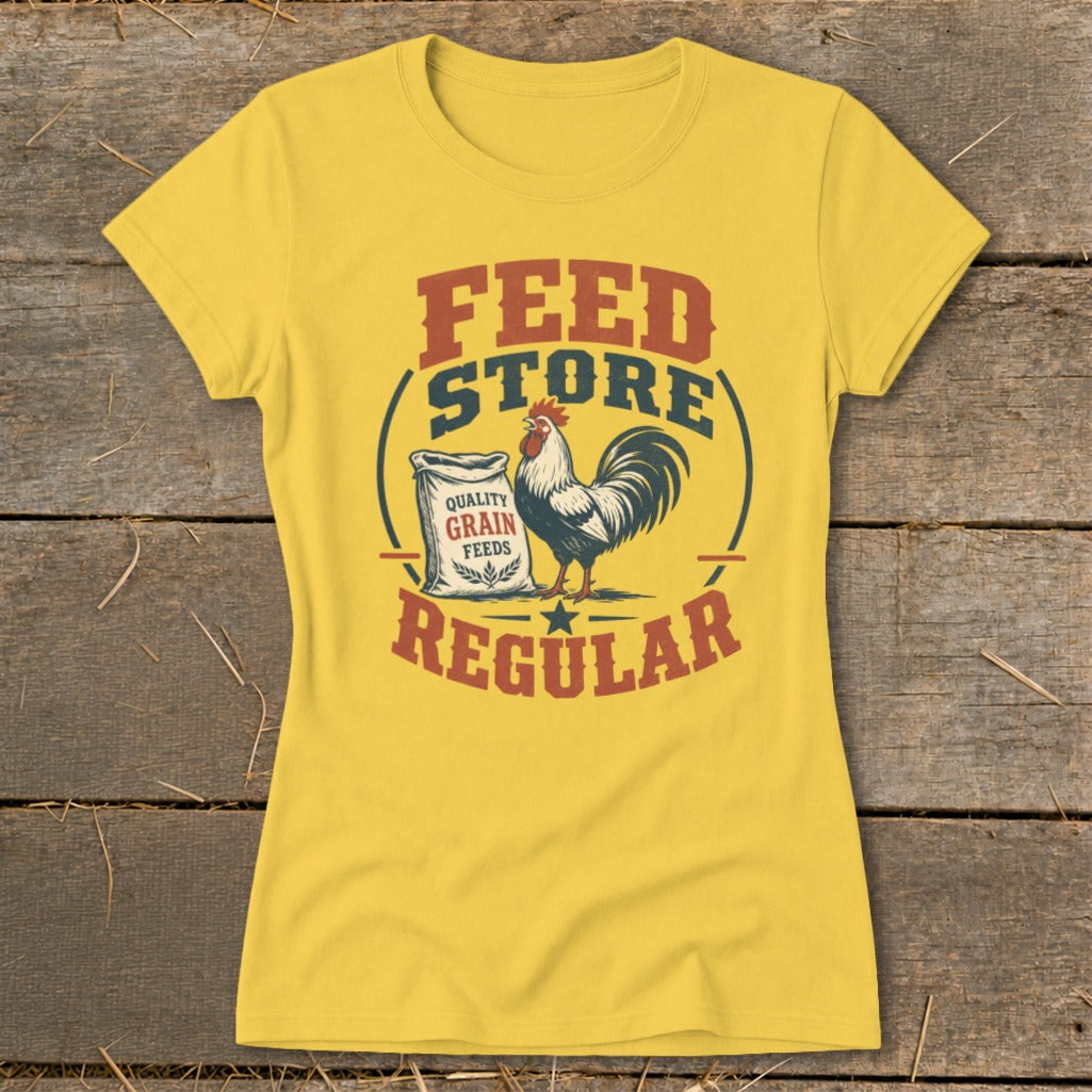 Yellow t-shirt with a rooster graphic and "Feed Store Regular" text.